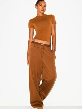 SKIMS Cotton Fleece Oversized Double Waistband Pant Brown Size Med